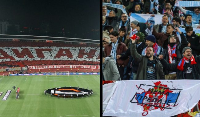 Tifozët e Celta Vigos shpalosin banerin kundër Kosovës