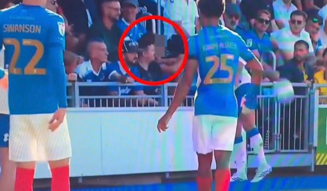 Skandal në Angli, futbollisti kap prej fyti tifozin gjatë ndeshjes